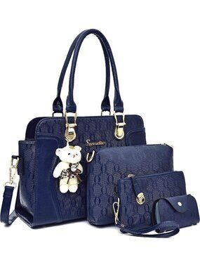 Women's Dark Blue 4Pc Handbag Set Tote Shoulder Satchel Purse with Bear Charm
